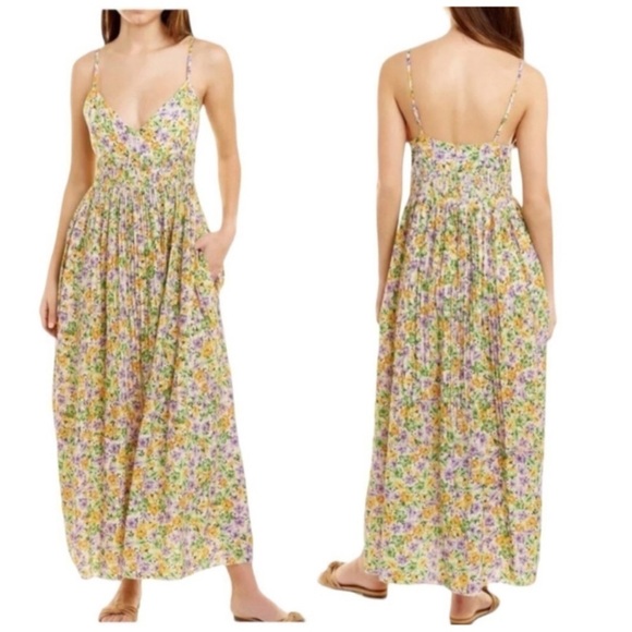 Nicholas Susan Pleated Floral Print A-Line Sleeveless Linen Maxi Cocktail Dress - Picture 11 of 15